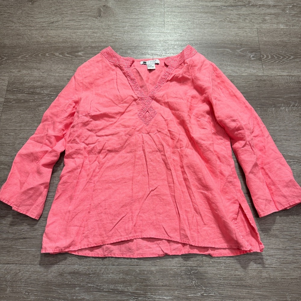 Carole‎ Little Tunic Women L Pink 100% Linen Coastal Boho Beaded V-Neck Summer